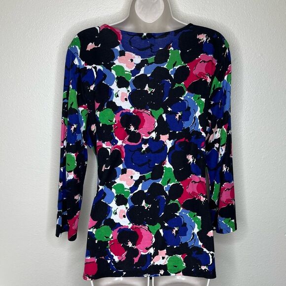 Talbots Black Multi Color Floral Surplice Wrap Top 3/4 Sleeve Women Size Large - Picture 5 of 10